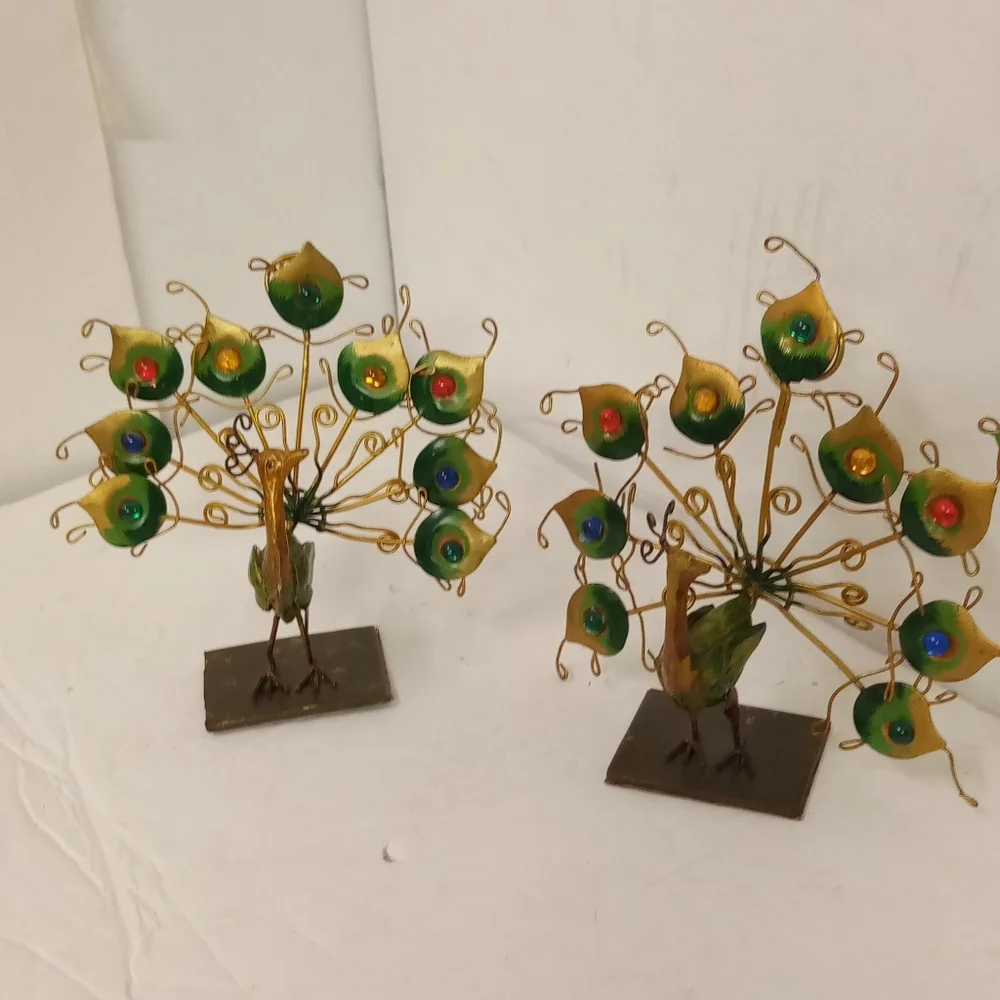 Vintage 2 Peacocks Metal Figurines Enamel Exotic, Rhinestones Safari